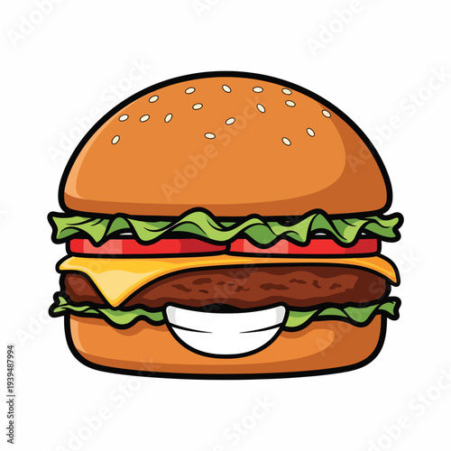 Illustration of a Cheeseburger with Lettuce and Tomato.