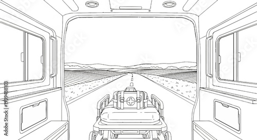 View from inside vehicle showing stretcher with medical kit, traveling down a rural road