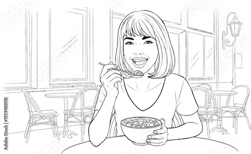 Woman eating cereal at an outdoor cafe