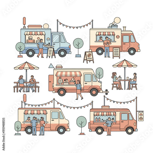 Food Trucks Serving Customers at Outdoor Event.