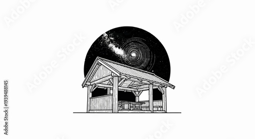 Wooden pavilion beneath a swirling galaxy and starry night sky