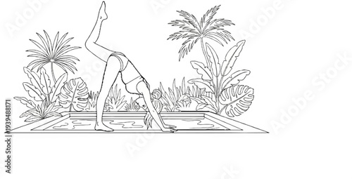 Woman in swimsuit practicing yoga near pool surrounded by tropical plants