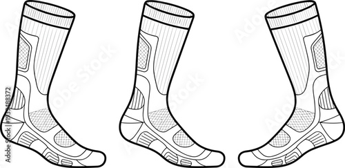 Sport socks vector template set, athletic running socks outline illustration, breathable fitness footwear accessory design mockup collection