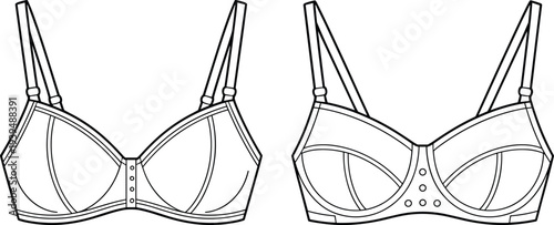 Women bra vector template front and back view, lingerie underwear design, fashion apparel outline illustration mockup