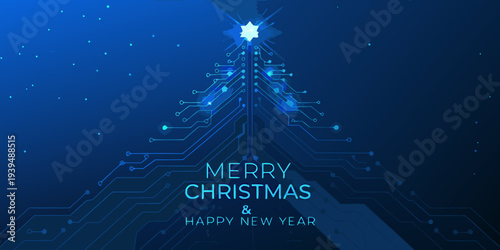 A futuristic christmas tree constructed from digital circuit pathways