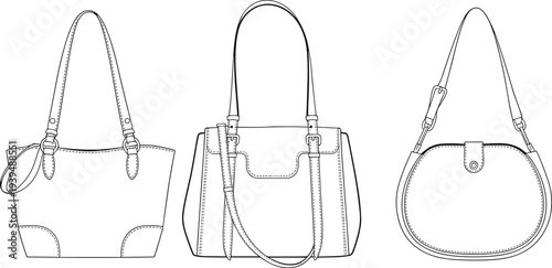 Women handbag vector template set, shoulder bag and tote bag outline design, fashion accessory mockup illustration collection