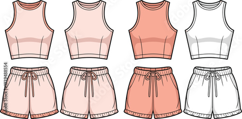 Women crop top and shorts set vector template, multiple color variations, casual summer sportswear outfit fashion clothing design mockup
