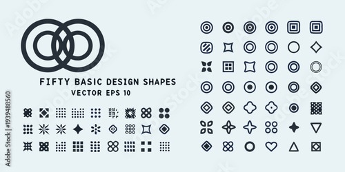 Collection of fifty basic geometric design shapes in a vector illustration