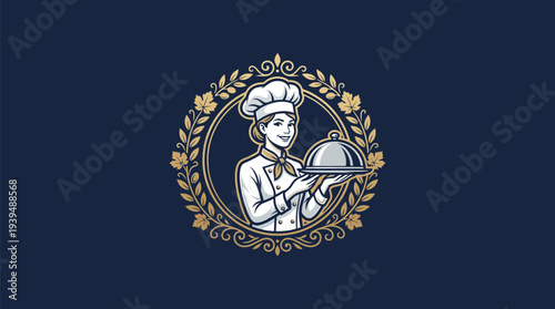 Elegant Chef Holding Serving Dish Luxury Restaurant Logo Vector