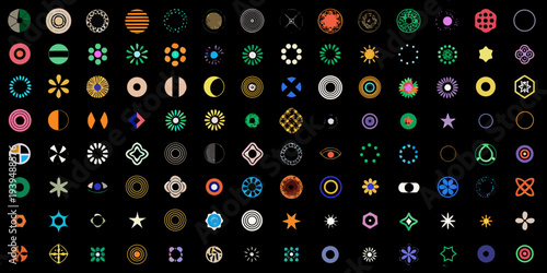 Collection of colorful abstract circular designs on a black background