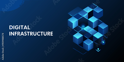 Abstract digital infrastructure concept with glowing blue cubic structures