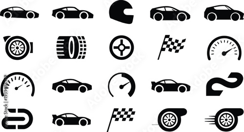 Assorted black automotive and racing icons on white background