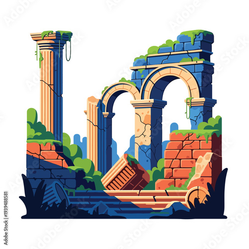 Ancient Ruins with Columns and Arches.