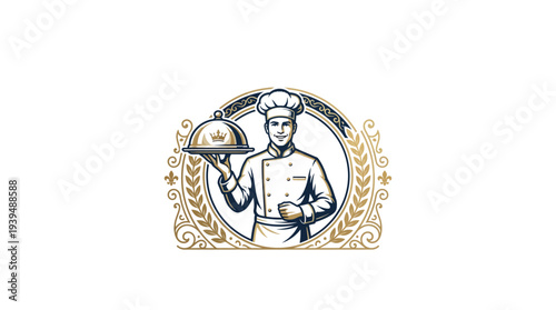 Elegant Chef Holding Serving Dish Luxury Restaurant Logo Vector