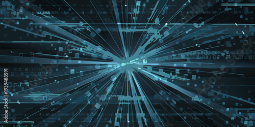 Abstract digital explosion of binary code and futuristic light streaks