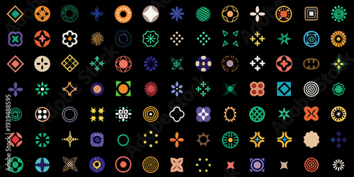 Collection of colorful geometric symbols arranged in a grid pattern