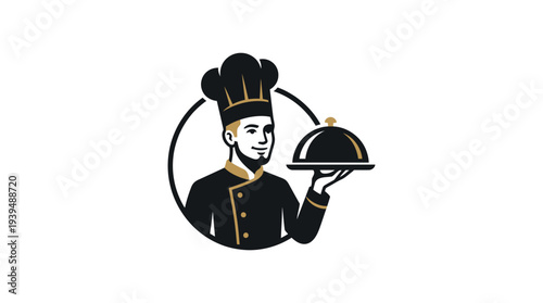 Elegant Chef Holding Serving Dish Luxury Restaurant Logo Vector