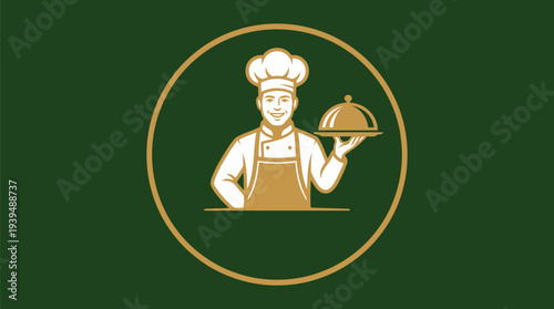 Elegant Chef Holding Serving Dish Luxury Restaurant Logo Vector