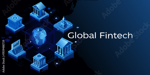 Isometric illustration representing global fintech with interconnected digital elements