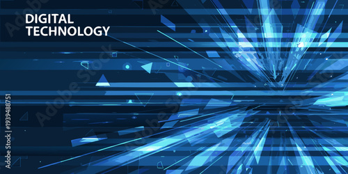 Abstract digital technology background with glowing lines and fragmented shapes