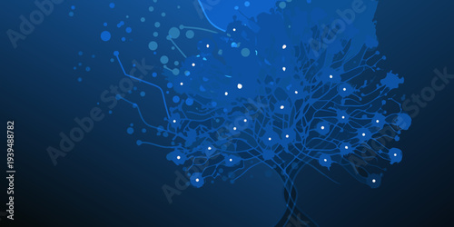 Abstract blue tree with glowing lights and scattered droplet effects