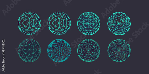 Abstract arrangement of glowing teal geometric egg shaped wireframe designs