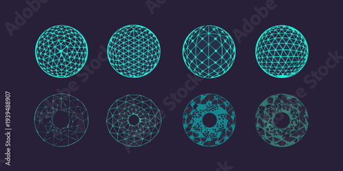 Abstract geometric shapes evolving from wireframe to solid forms in teal