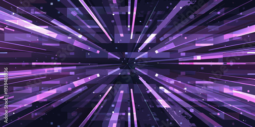 Abstract digital tunnel with radiating purple and white light streaks