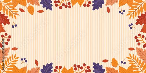 Autumn leaves and berries form a decorative frame on a beige background
