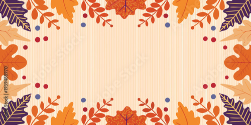 Autumn leaves and berries frame a light orange striped background