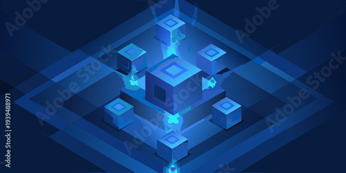 Abstract isometric composition of glowing blue cubes and geometric shapes