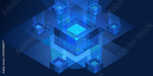 Abstract geometric composition featuring layered blue glowing cubes