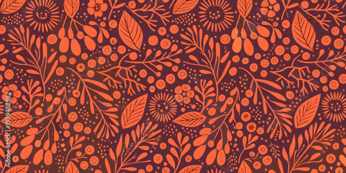Floral pattern featuring stylized orange and reddish brown botanical illustrations