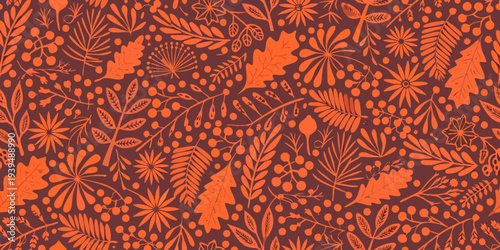 A vibrant repeating floral and foliage pattern in shades of orange red