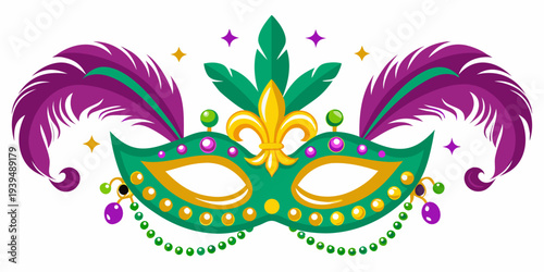 A vibrant mardi gras mask decorated with feathers and golden accents
