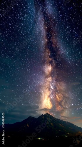 Majestic night sky with vibrant Milky Way over mountain silhouette under twinkling stars