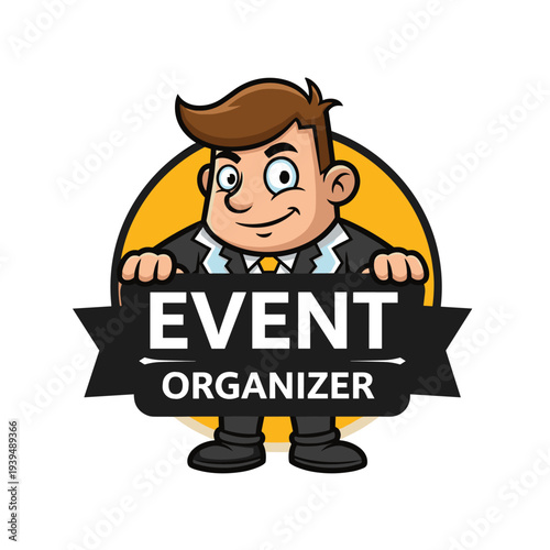 Cartoon businessman character holding a banner that says event organizer