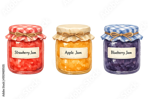 Set of Jam Jars – Strawberry, Apple and Blueberry Jam in Cute Rustic Glass Jars Isolated on Transparent Background - Vector Watercolor Illustration