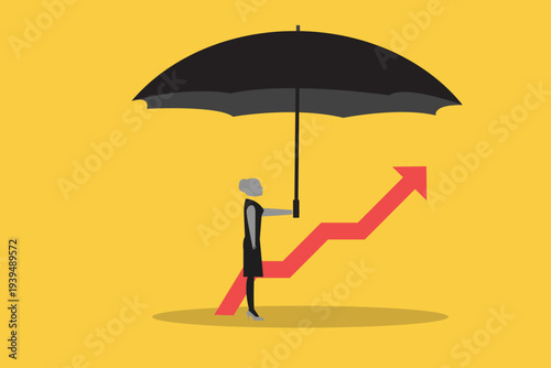 Business woman holding a giant umbrella over a rising growth arrow, representing financial protection, risk management, and secure investment strategies