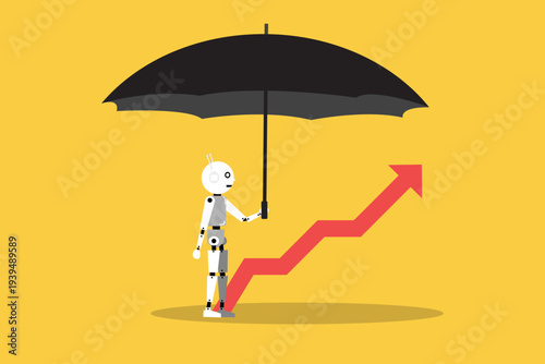Robot holding a giant umbrella over a rising growth arrow, representing AI-driven risk management, asset protection, and secure investment