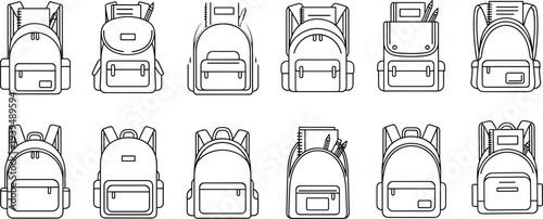 Collection of ten black and white line backpack drawings with varied designs, pockets, accessories, educational school bag vector illustration for fashion design