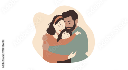 Happy loving family with mother father and daughter hugging together in flat illustration style