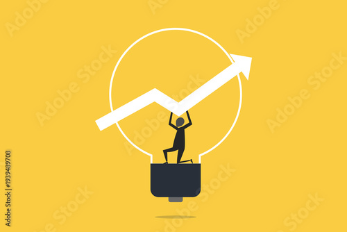 Businessman kneeling while lifting a giant rising growth arrow inside a large lightbulb, representing successful strategy, innovation, and progress