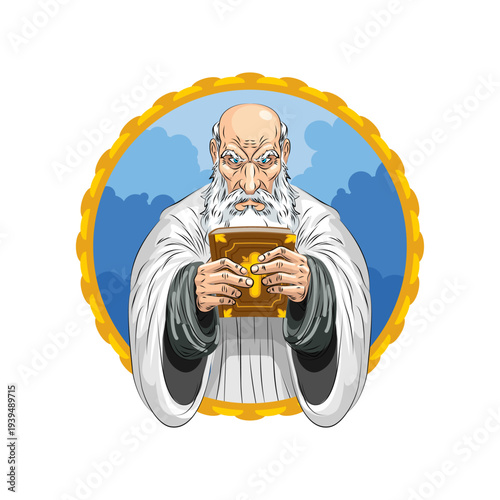 God as an old wise man with a white beard holding a golden Bible. Religious and spiritual concept. Circular pixel art icon isolated on white.