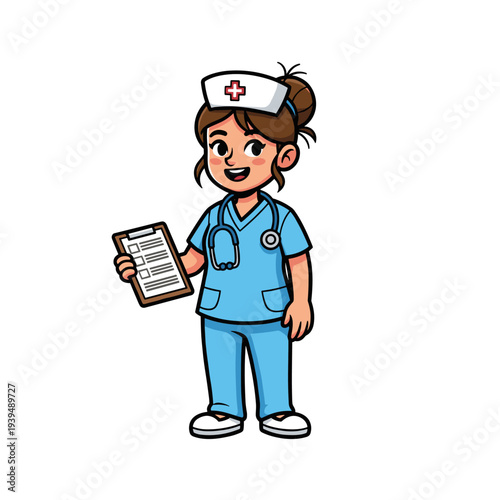Cartoon female nurse character holding a clipboard and smiling cheerfully