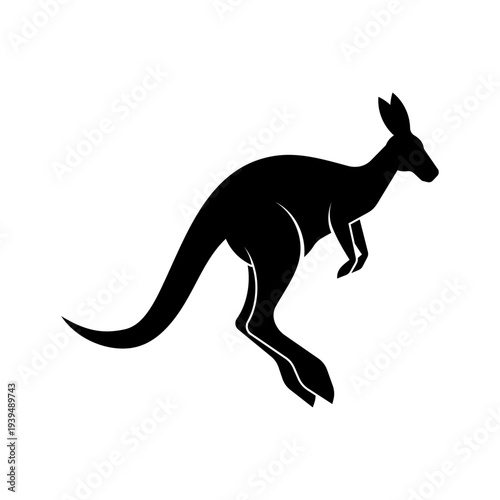 black silhouette of a jumping kangaroo. Simple animal icon representing Australian wildlife, speed and nature. Flat vector illustration isolated on white.