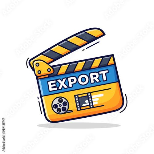 Cartoon film clapperboard with export text and video production icons