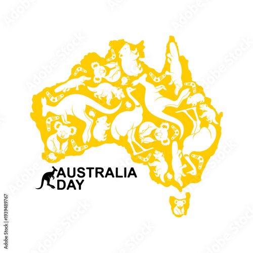 Map of Australia filled with silhouettes of national animals. Concept of wildlife, travel and Australia Day celebration