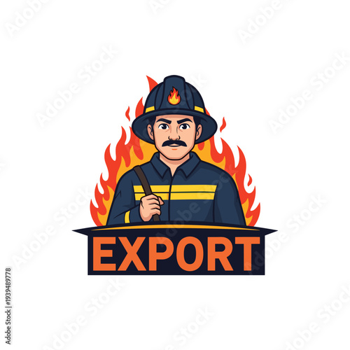 Cartoon firefighter character in uniform with helmet and flames behind the word EXPORT