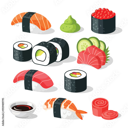 Assorted Sushi and Sashimi Food Items.
